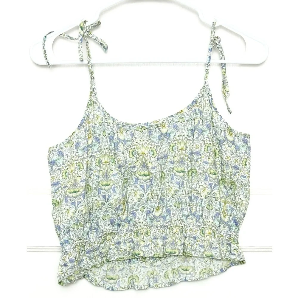J CREW X LIBERTY Floral Tie Strap Sleeveless Ruffle Smocked Waist Crop Tank S - Picture 5 of 8